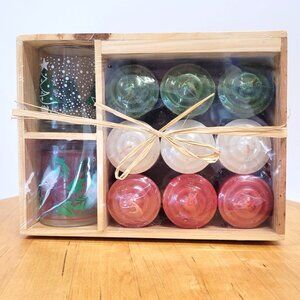 Vintage Wooden Box 2 Glass Votive Candle Holder 9 Candles Green White Red Sealed